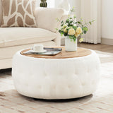 gusohey Large Round Storage Ottoman Coffee Table with Wooden Tabletop, 30.5 Inches Teddy Fleece Tufted Ottoman for Living Room, Bedroom, Apartments, White gusohey