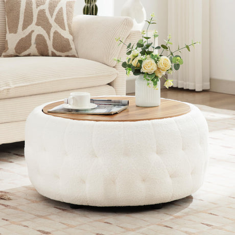gusohey Large Round Storage Ottoman Coffee Table with Wooden Tabletop, 30.5 Inches Teddy Fleece Tufted Ottoman for Living Room, Bedroom, Apartments, White gusohey