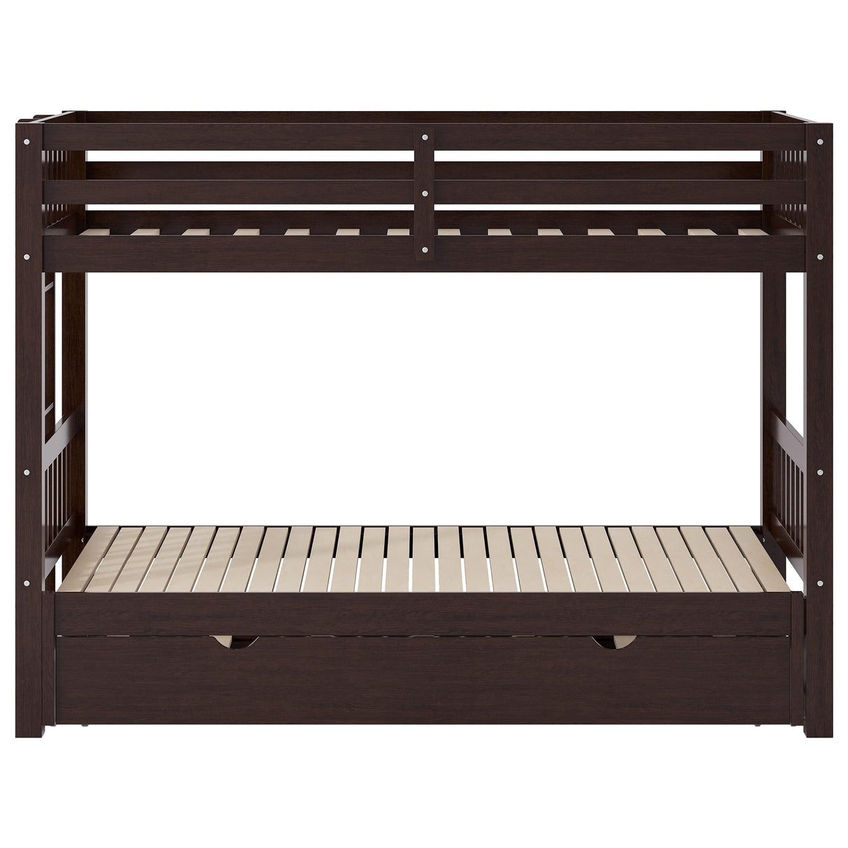 Twin Over Double Twin Bunk Bed with Trundle, Convertible Bottom Bed, Pull-Out Multi-Functional Bunk Bed Can for 4 People, Wooden Bunk Bed with Ladder and Safety Rail, Espresso Bellemave