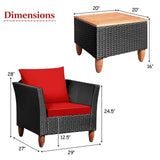 COSTWAY 3PCS Outdoor Patio Rattan Furniture Set Wooden Table Top Cushioned Sofa Red COSTWAY