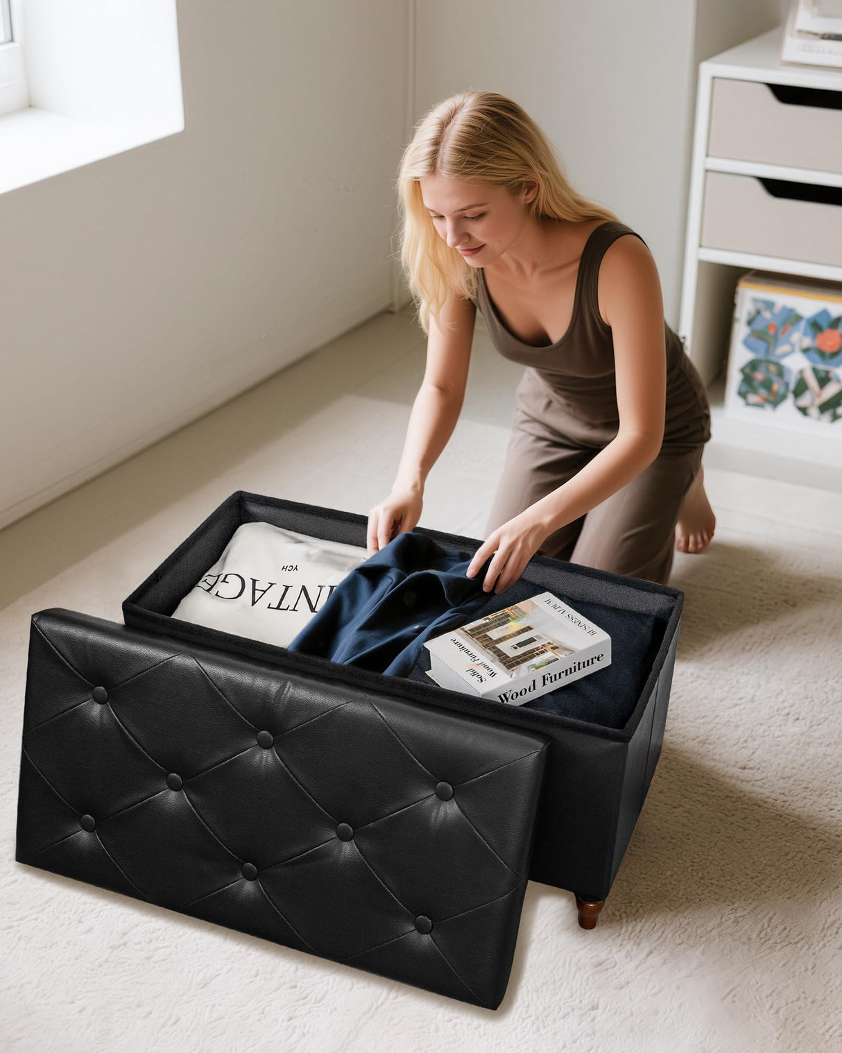 GLAXYFUR 30 Inches Storage Ottoman Bench with Wooden Legs, Faux Leather Folding Ottoman Foot Rest, Storage Bench for Living Room, Hallway & Bedroom, Upgrade Large Capacity (Engineered Wood, Black) GLAXYFUR