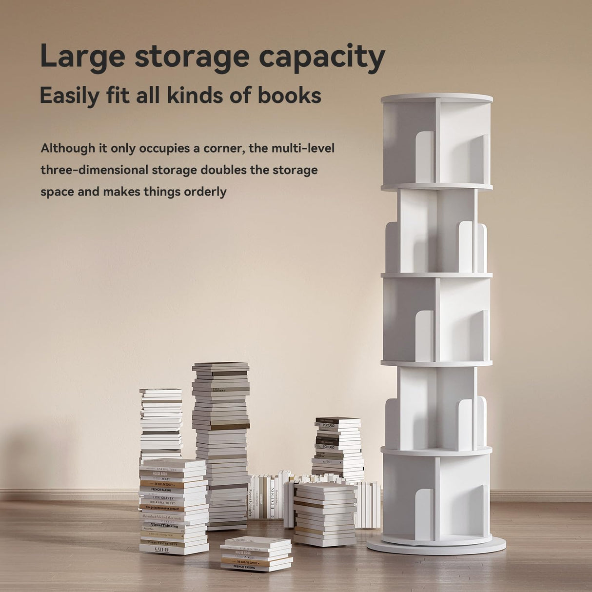 MXV Rotating Bookshelf, 360 Display 5 Tier, Small Corner Bookshelf for Small Space, Floor Standing Bookcase Storage Rack, Wood Narrow Book Shelf Organizer for Bedroom, Living Room, White MXV