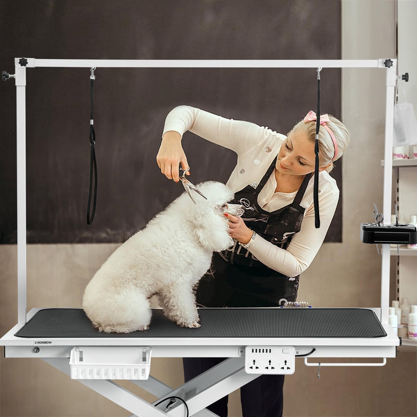 CIRONBOW 50'' Electric Dog Grooming Table, Adjustable X Lift Heavy Duty Dog Grooming Table for Large Dogs with Anti-Skid Tabletop & Grooming Scissors & Wireless Remote &Tool Organizer & Arms, White