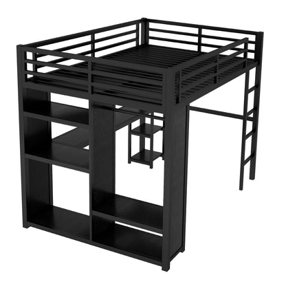 Queen Loft Bed with Desk and Storage Shelves, Loft Bed Queen Size, Queen Loft Bed with Wardrobe and Hanging Rod, Metal Loft Bed with Guardrail and Ladder, Queen Loft Bed for Adults Teens(Queen Balck)