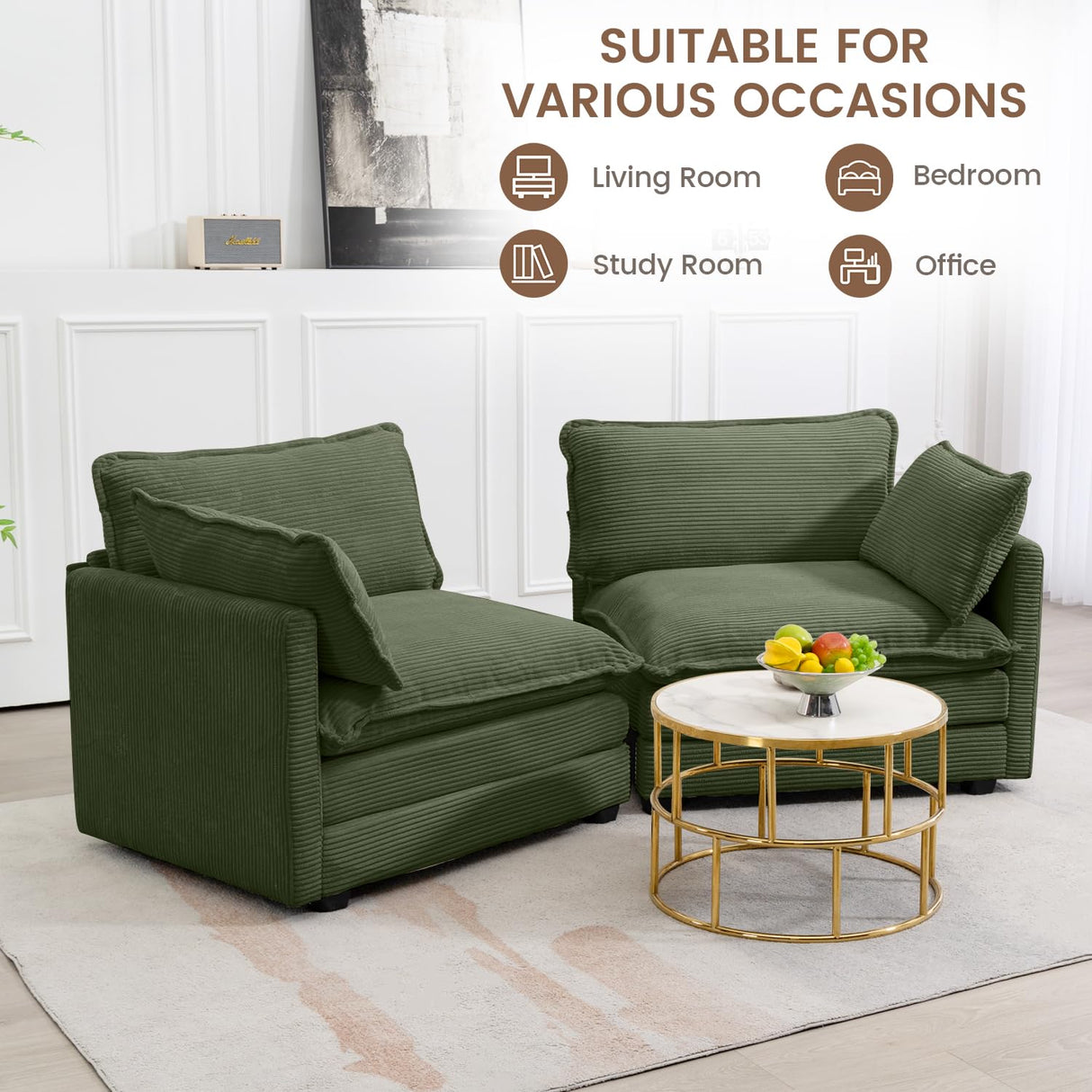 ROWHY Sectional 2 Seat Cloud Loveseat with 2 Throw Pillows, Modern Corduroy Love Seat Sleeper Bed, Convertible Cozy Sofa for Living Room and Office, Green ROWHY