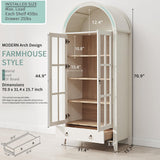 Farmhouse Arched Cabinet with Glass Doors, Wood Display Cabinet with Drawer and Adjustable Shelves, 71” Kitchen Pantry Tall Bookshelf Modern China Cabinet for Living Room,Office (Antique White) RowyPoey