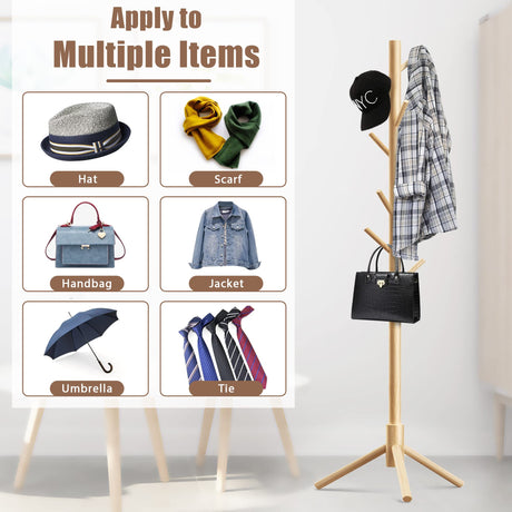 Haddockway Wooden Coat Rack Stand with 8 Hooks New Zealand Pine 3 Adjustable Coat Standing Tree Easy Assembly for Coats, Hats, Scarves and Handbags for Entryway, Hallway, Bedroom, Office Haddockway