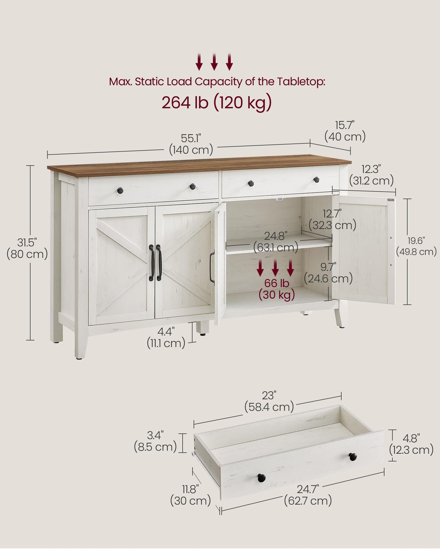 VASAGLE Coffee Bar Cabinet, Kitchen Storage Cabinet with 2 Drawers, Farmhouse Cabinet Sideboard with Adjustable Shelves for Kitchen, Rustic White and Honey Brown UBBK381W01