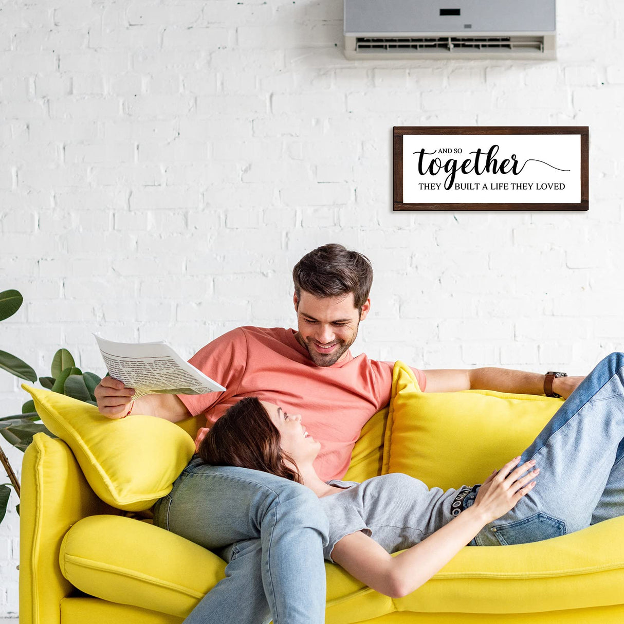 Together They Built A Life They Loved Sign 14 x 6.4 Inches Farmhouse Wall Decor Rustic Modern Framed Wood Sign Hanging Plaque for the Home Love Signs Decorations (And So Together Style) Jetec