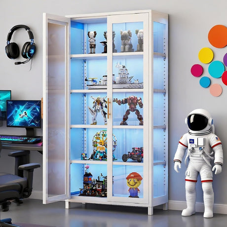 qeknxks Display Cabinet with Glass Doors, 5-Tier Metal Curio Cabinet, Glass Display Cases for Figurine, Toy Organizers Rack & Display Shelf, Kids Bookcase for Home Office, Playroom, Living Room qeknxks