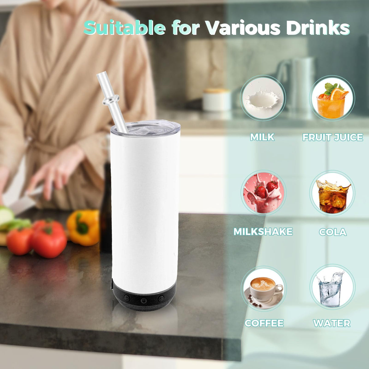 ZREGGUR 6pack 20oz cups Bluetooth Tumbler with Straw and Lid, Double-Wall Stainless Steel Vacuum Insulation Sublimation Tumbler Blank, RemovableRechargeable Bluetooth Wireless Speaker White ZREGGUR