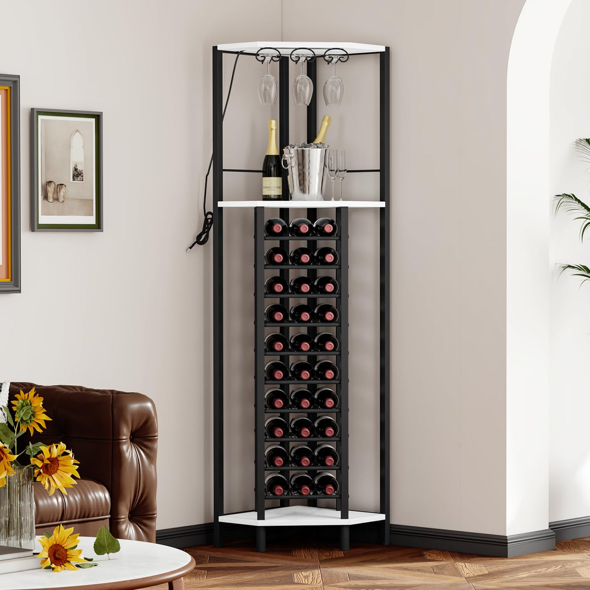 Homeiju Corner Wine Rack with Glass Holder and Led Strip Light, Corner Bar Wine Racks Freestanding Floor, Industrial Corner Bar Cabinet for Kitchen, Dining Room, Living Room or Cellar Homeiju