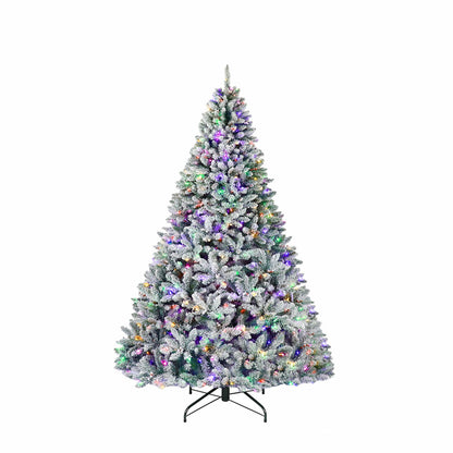 Hykolity 6.5 ft Prelit Snow Flocked Christmas Tree, Artificial Christmas Pine Tree with 250 Multicolor LED Lights, 1032 Tips, Metal Stand and Hinged Branches, 10 Colors