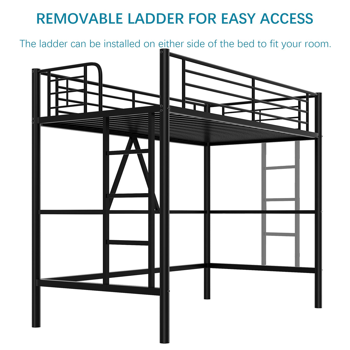 VECELO Twin Size Loft Bed with Full-Length Guardrails and Removable Ladder, Heavy-Duty Metal Frame, Space-Saving Design & Noise-Free, Black VECELO