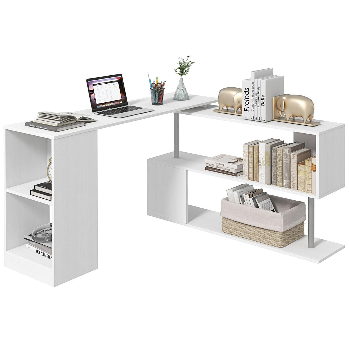 HOMCOM 55" Rotating L-Shaped Corner Desk with 3-Tier Storage Shelves in White HOMCOM