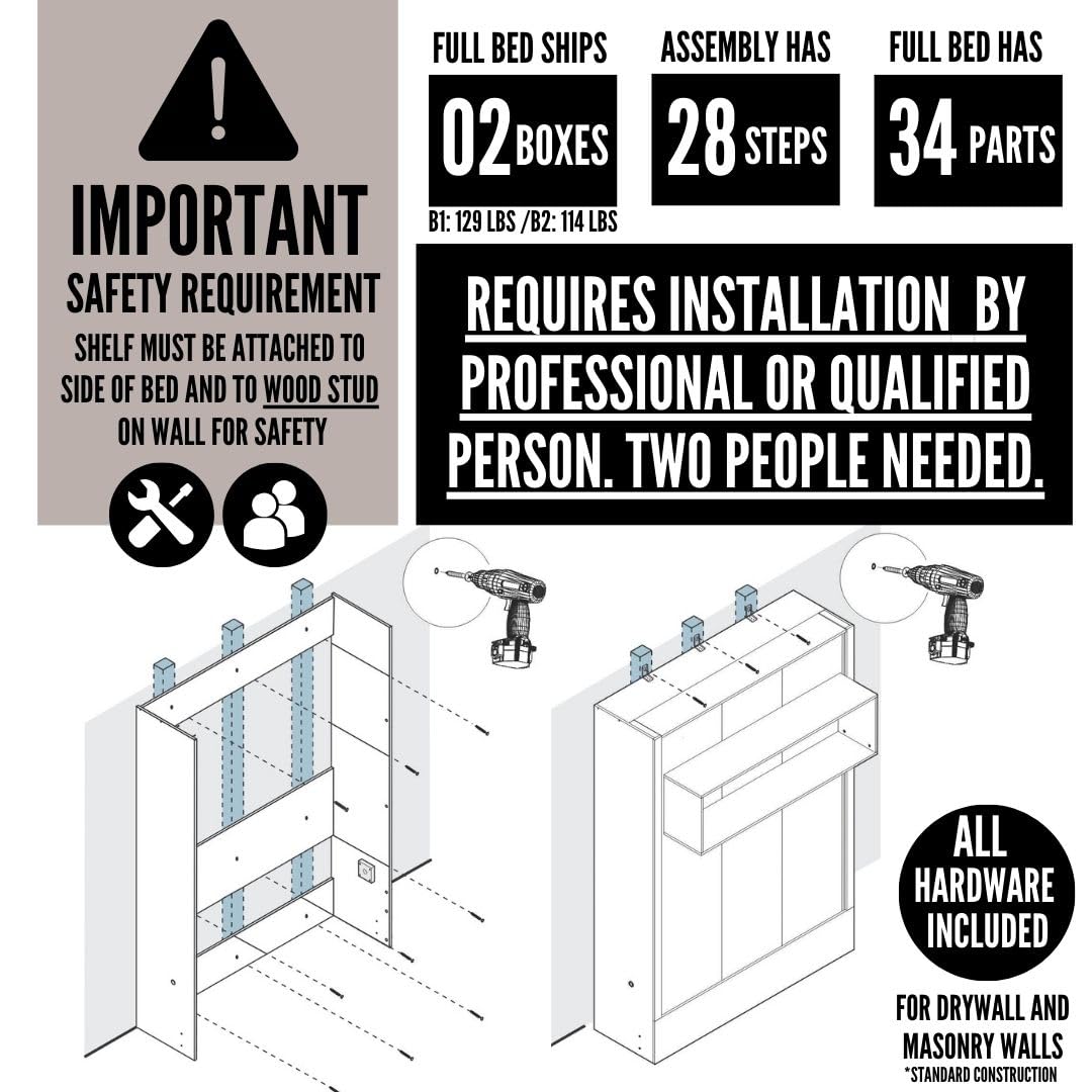 Oakland Living Easy-Lift Full Murphy Wall Bed in Natural Brown Wood Grain with Shelf Oakland Living