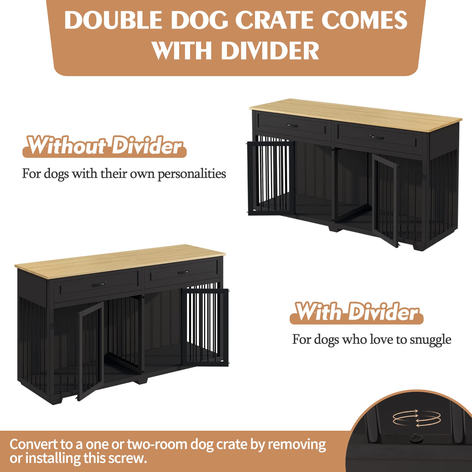 PIAOMTIEE Dog Crate Furniture, 72.4 Inch Wooden Dog Kennel, Modern Decorative Dog House, Dog Crate End Table with Double Doors, Drawers, Divider, Indoor Dog Cage for Large Medium Dogs, Black - WoodArtSupply