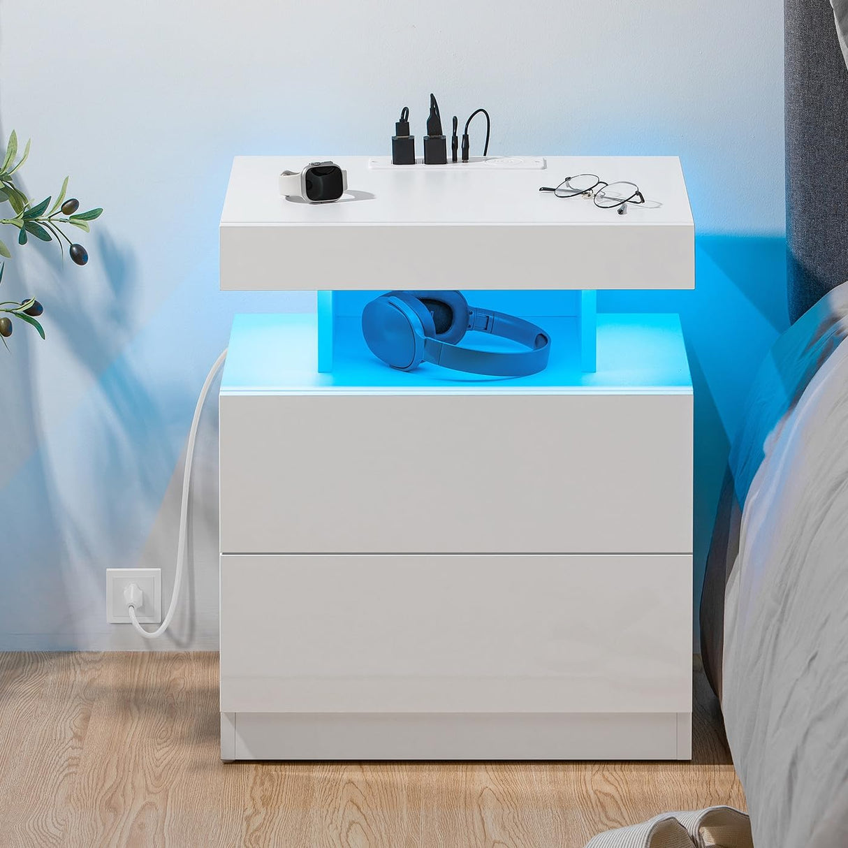 HOMMPA LED Nightstand with Wireless Charging Station & USB Ports High Gloss Bedside Table with LED Light RGB Adjustable Brightness Smart Nightstand 2 Drawers Night Stand for Bedroom White HOMMPA