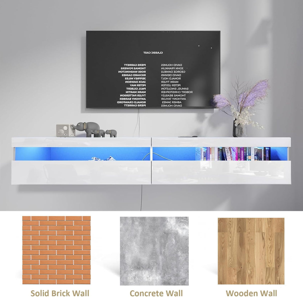 Floating TV Stand Wall Mounted with Power Outlet, Modern Floating Entertainment Center for 80 Inch TV, High Gloss Floating TV Shelf with LED Lights for Living Room, Bedroom, White Doredo