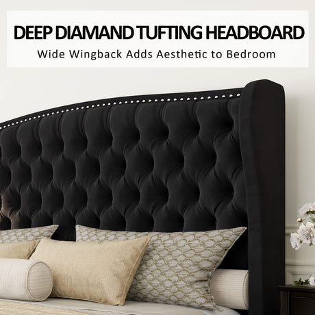 AMERLIFE King Size Platform Bed Frame, Velvet Upholstered Bed with Deep Button Tufted & Nailhead Trim Wingback Headboard/No Box Spring Needed/Black AMERLIFE