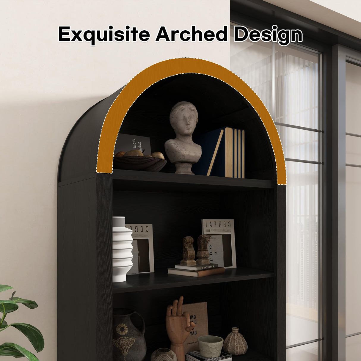 BOMETAO 70" Tall Arched Cabinet, 5-Tier Arch Bookshelf Bookcase with Open & Adjustable Shelves, Glass Door & Metal Handle, Pantry Display Storage Cabinets Cupboard for Kitchen, Living Room, Black BOMETAO