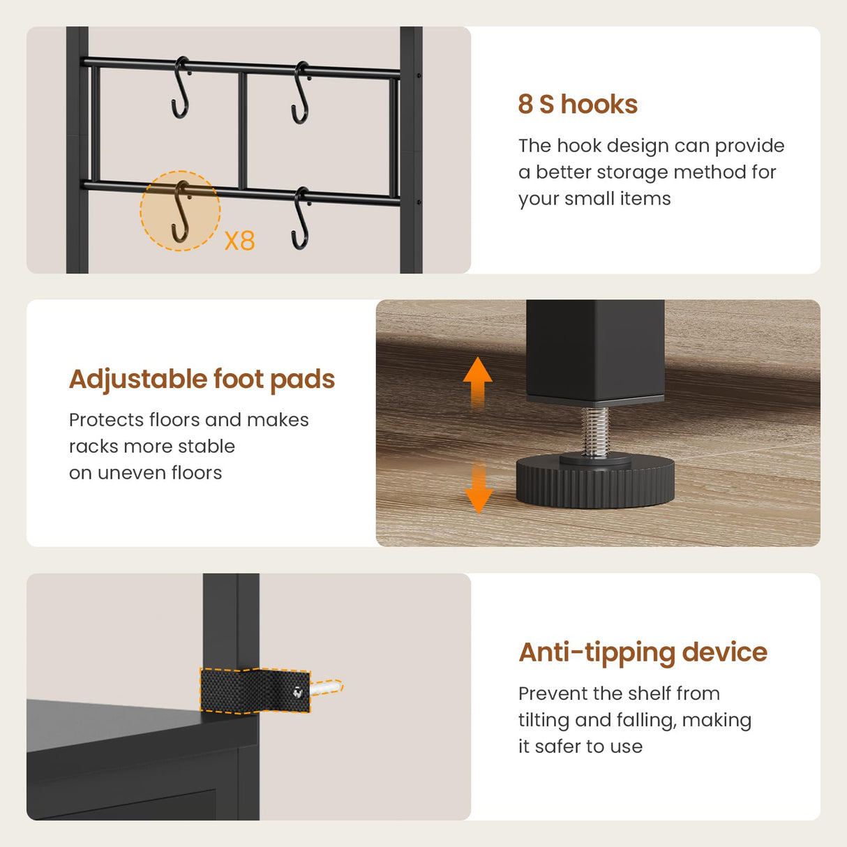 Itaar 6 Tier Bakers Rack, Coffee Station with Power Outlet, Farmhouse Small Coffee Bar with Drawer for Small Space, Microwave Stand with Storage and 8 Hooks for Kitchen, Living Room (Black) Itaar