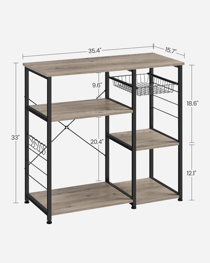 VASAGLE ALINRU Industrial Kitchen Baker's Rack with Wire Basket and Hooks in Greige and Black - WoodArtSupply