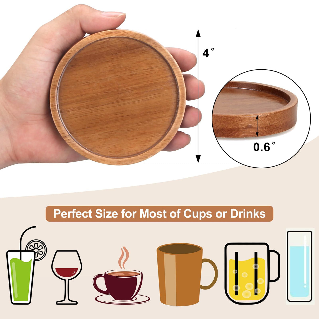 6 Pcs Best Wooden Coasters with Holder Coffee Table Coasters for Drink Acacia Wood Coaster Set Modern Cup Coasters Home Dining Table Decor Cute Beer Bar Coasters Decorative Rustic Outdoor Coasters Renawe