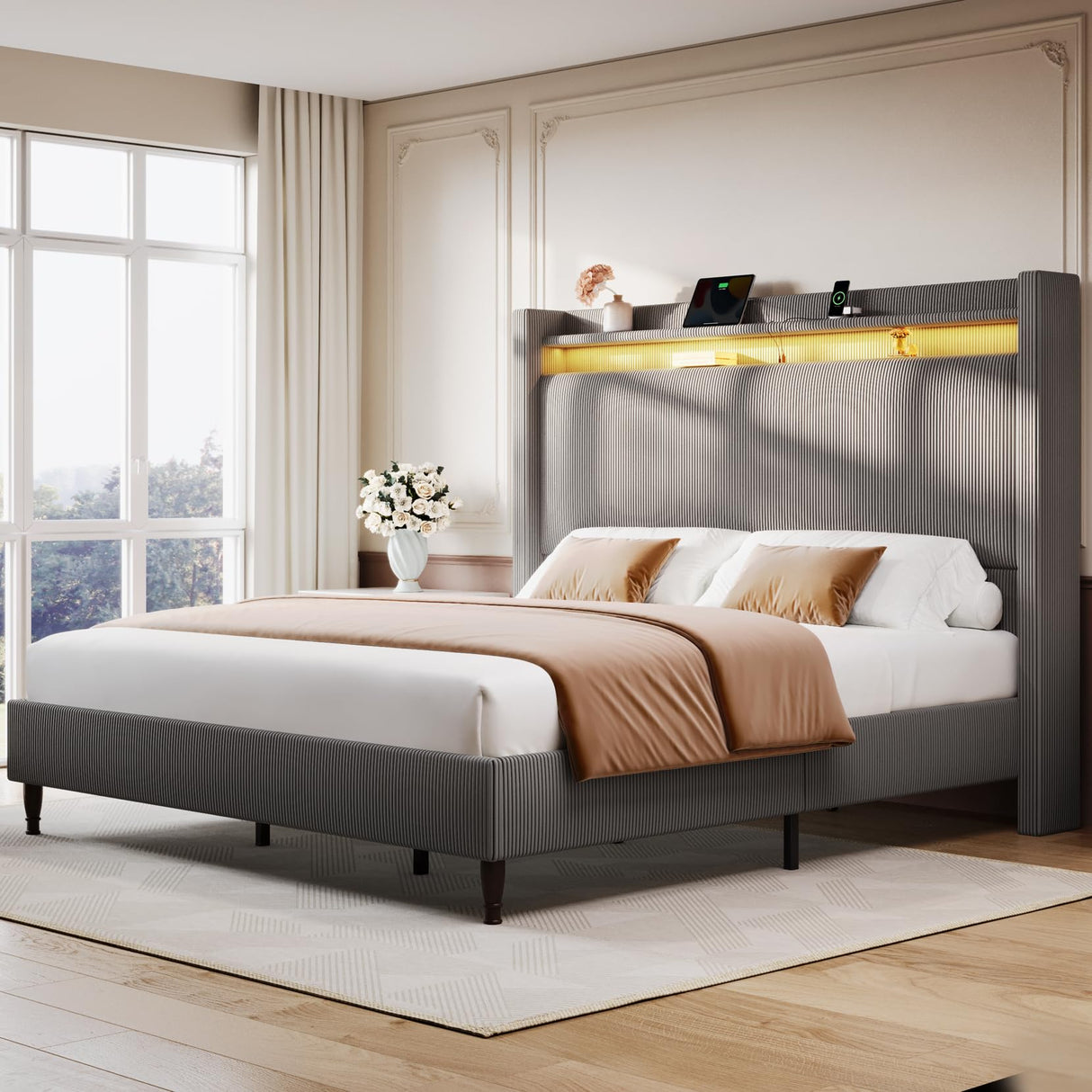 King Bed Frame with 55.3" Tall Headboard, Corduroy Upholstered Platform Bed with LED Lights & Charging Station, Wingback Storage Headboard, Solid Wood Slats,Noise Free,No Box Spring Needed,Gray Brown Welzona