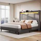 King Bed Frame with 55.3" Tall Headboard, Corduroy Upholstered Platform Bed with LED Lights & Charging Station, Wingback Storage Headboard, Solid Wood Slats,Noise Free,No Box Spring Needed,Gray Brown Welzona