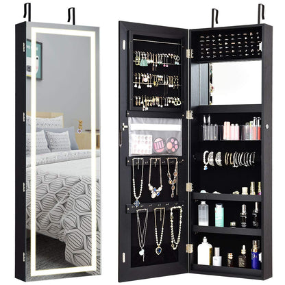 Giantex Jewelry Cabinet Armoire Door Wall Mount, 47.2in Lockable Touch Screen Lighted Full Length Mirror, 3 Lighting Settings, Inside Makeup Mirror, Jewelry Storage Box Organizer (Black) - WoodArtSupply