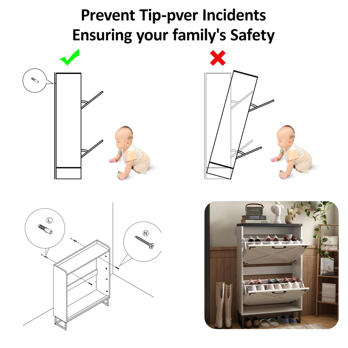 Maupvit 24" W Farmhouse Shoe Cabinet Storage for Entryway, Freestanding Organizer with 2 Flip Drawers, Narrow Shoe Rack Cabinet with Metal Corner Decoration, White Maupvit
