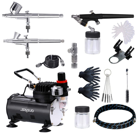 SAGUD Airbrush Kit with Compressor, Air Brush compressor set with 3 Professional Air brushes for Model Painting,Gravity Feed and Siphon Feed Airbrush Gun for Nail,Cake,Nails,Body,Hobby. SAGUD
