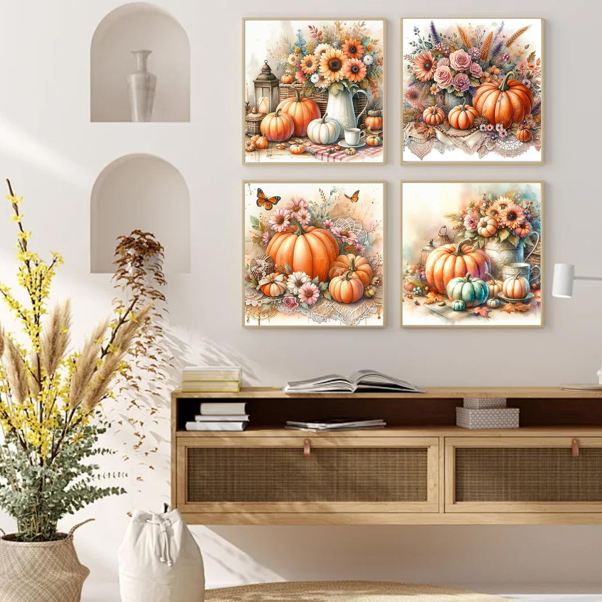 Fall Diamond Art Kits for Adults,5D Pumpkin Flower Diamond Art 4-Piece Set,DIY Full Drill Diamond Painting Kit,Home Wall Decor Diamond Painting (11.8x11.8 Inch) YULIDECO