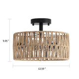Hchunqjor 3-Light Coastal Woven Flush Mount Light Fixture Boho Rustic Hemp Rope Drum Semi Flush Mount Ceiling Light for Hallway Bedroom Kitchen Entryway Farmhouse Living Room, Black Hchunqjor