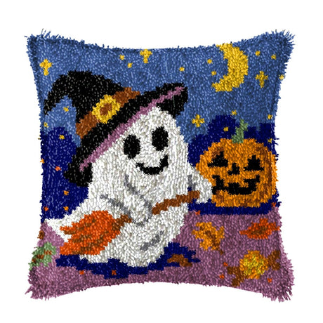 YOOLOOKY Latch Hook Pillow Kits for Adults Kids Beginners Halloween Ghost Pre-Printed Canvas Embroidery Cushion for Home Sofa Decoration 17x17inch YOOLOOKY