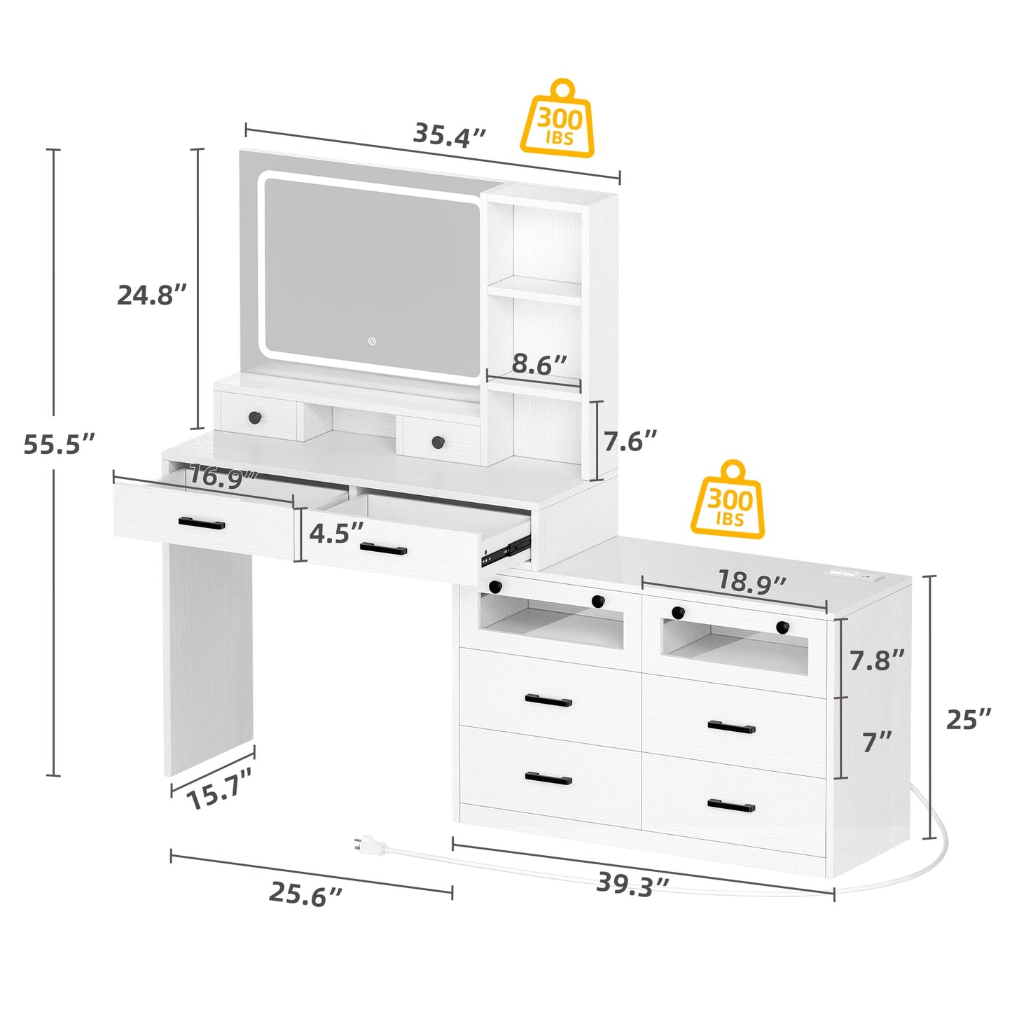 YITAHOME 65“ Vanity Desk with 10 Drawer Dresser with LED and Power Oultes, Large Modern Chest of Drawers for Bedroom, Wide Dresser Vanity Table, Wood Drawer Organizer for Living Room, Hallway, White