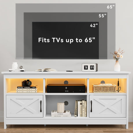 DWVO Farmhouse TV Stand for TVs Up to 65 Inch, Entertainment Centre with LED Light, TV Table with Power Outlet, TV Console for Living Room Bedroom, 59 Inches White DWVO
