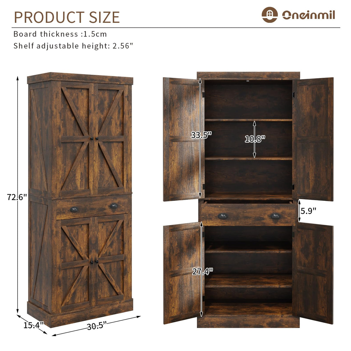 oneinmil Kitchen Pantry Cabinet 72.6" H, Farmhouse Wooden Cabinet with 4 Adjustable Shelves, Freestanding Cupboard with Drawers, Tall Pantry Cabinet for Kitchen, Dining Room, Brown oneinmil