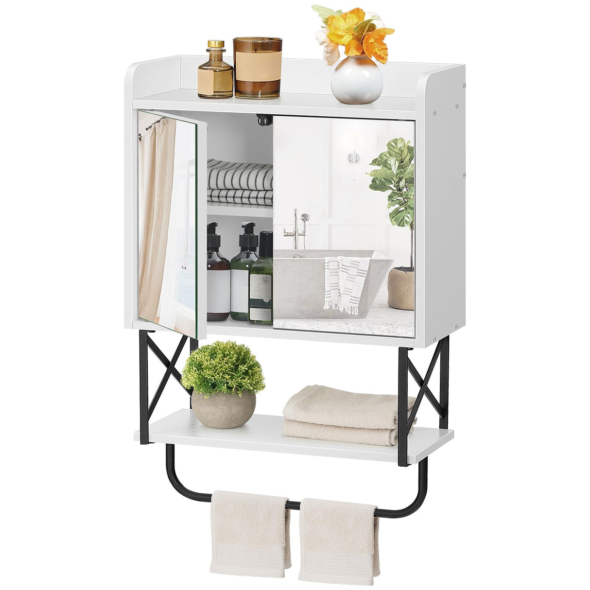 HOOBRO Medicine Wall Cabinet with Mirror, Bathroom Storage Cabinet with Hidden Space and Towel Bar, Double Mirrored Doors, Detachable Shelf, for Bathroom, Living Room, White BW41CW01 HOOBRO