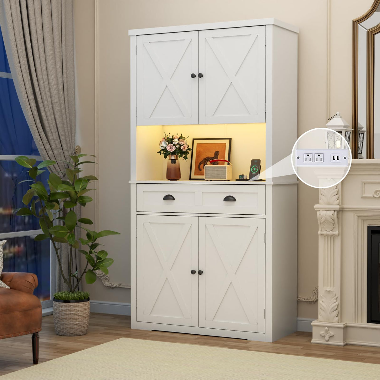 Loomie 72" Farmhouse Kitchen Pantry Cabinet With LED, Operation Table & Power Outlet, Tall Storage With Drawer, Adjustable Shelves for Dining Room (White) Loomie