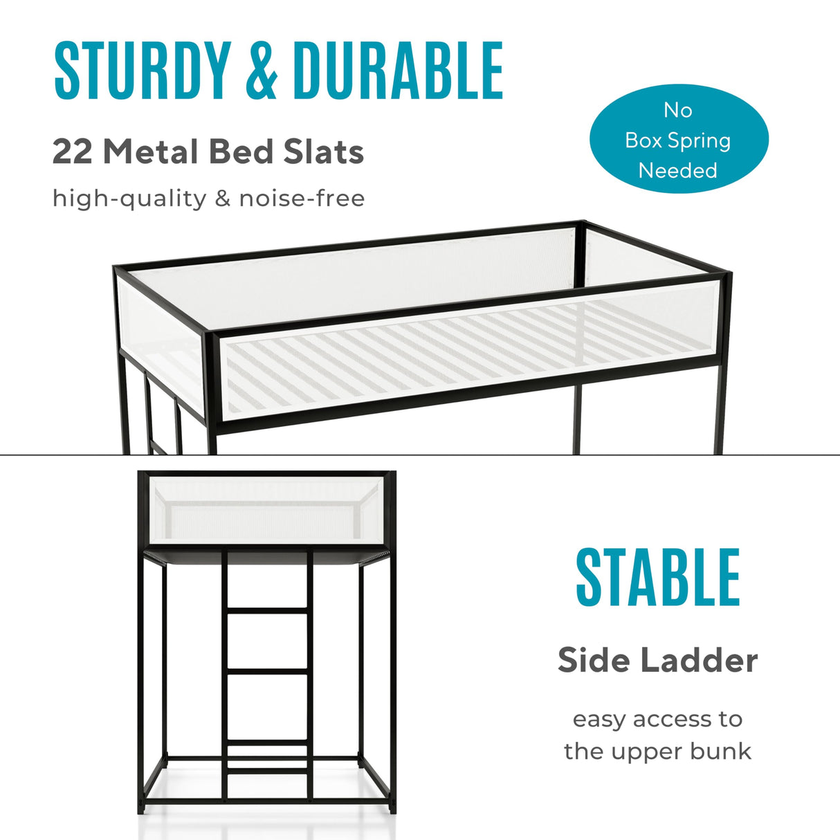 Furniture of America Dravenor Modern Metal Twin Over Twin Low Profile Bunk Bed with Reversible Ladder and White Magnetic Mesh Panel, No Box Spring Required, for Kids, Bedroom, Dorm, Black Furniture of America