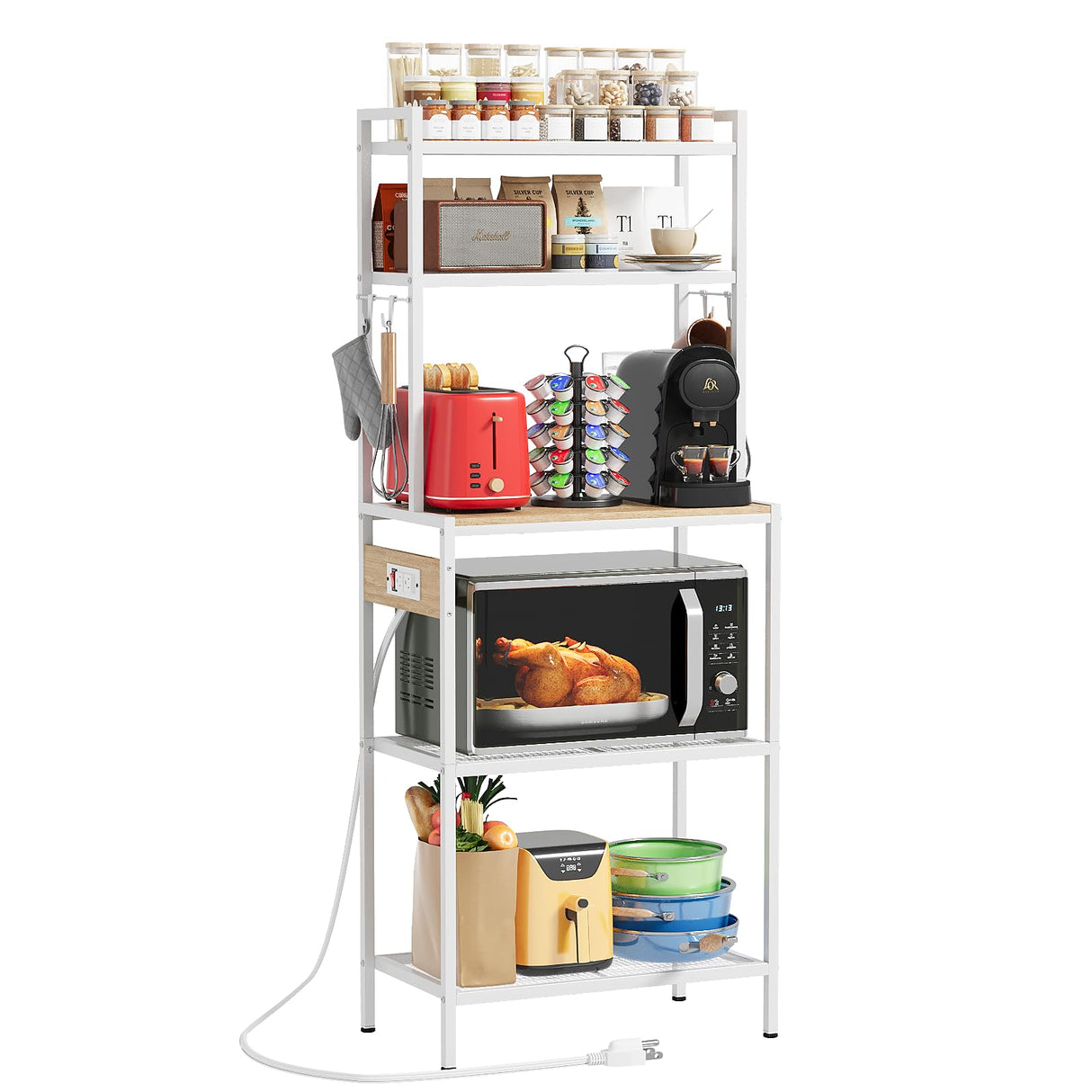Roxibelt S1 Kitchen Bakers Rack with Power Outlet，Microwave Stand with Storage 5-Tiers，Freestanding Coffee Bar Table with 4 Adjustable Hooks，Kitchen Storage Shelf 13" D x 22.9" W x 58.3" H，Beige White Roxibelt