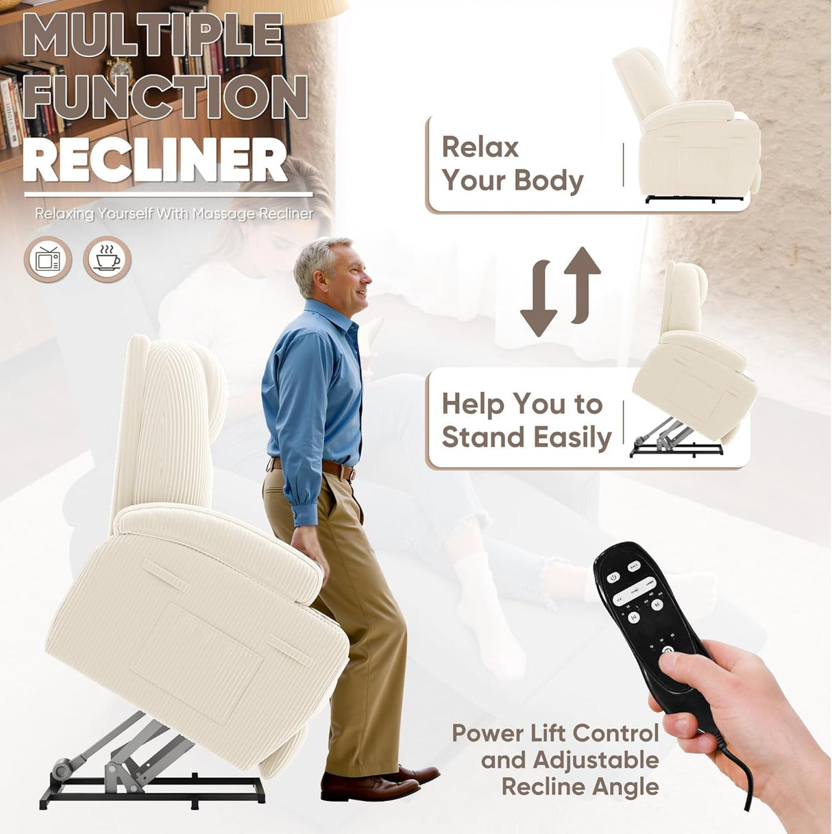 Power Lift Recliner Chair for Elderly with Massage Electric Lift Recliner Chairs with Cup Holders Side Pockets for Living Room (Corduroy, White) Shahoo