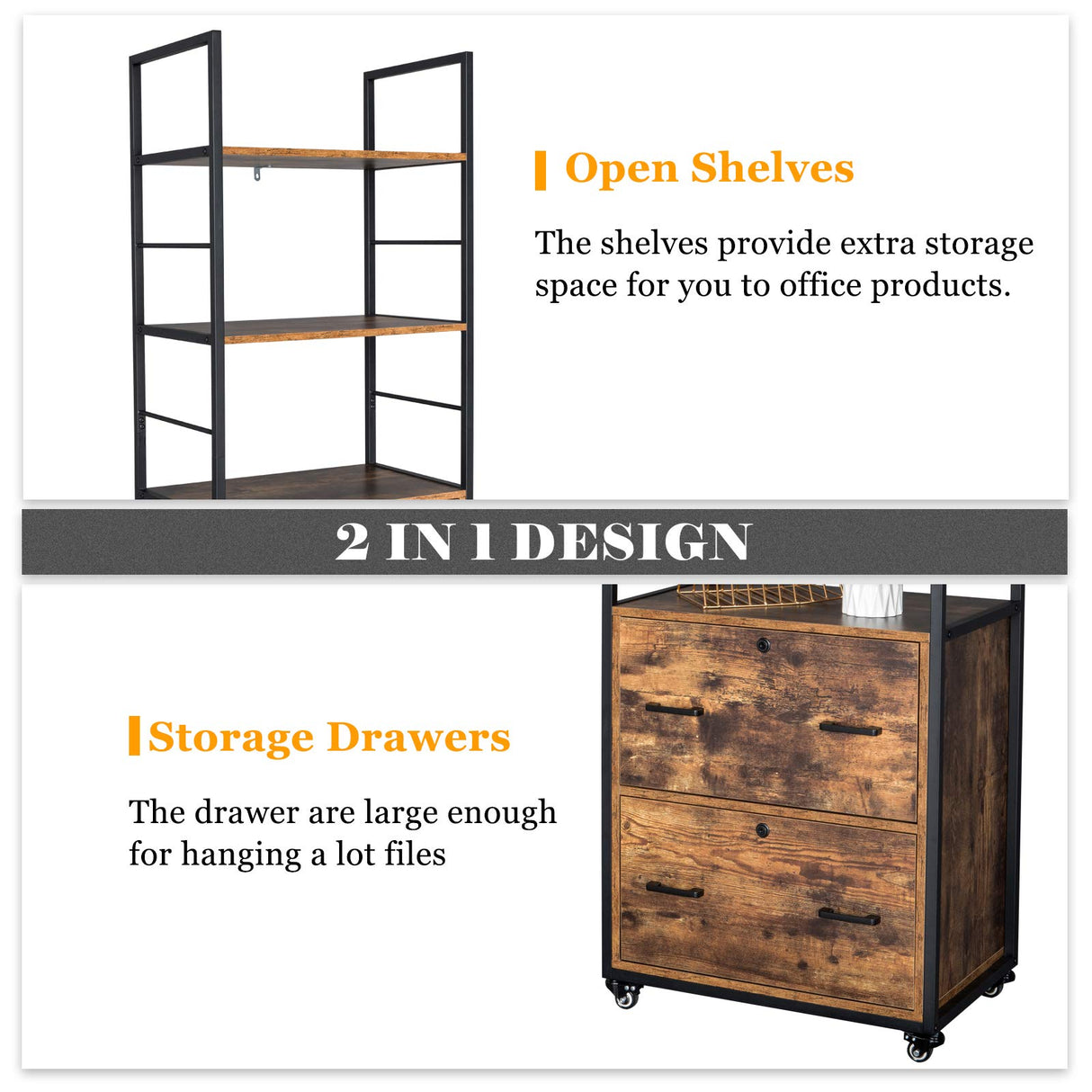 VINGLI Rustic Brown 65.7" Lockable 2 Drawer File Cabinet with Shelves - Versatile Freestanding/Rolling Design for Home Office VINGLI