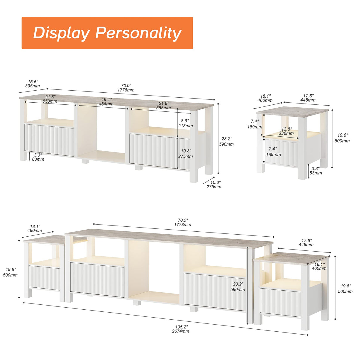 WAMPAT Large TV Stand for 95 Inch TV, White Entertainment Center for 80-100 Inch TV with LED Light & Cubby, White Television Stands with Faux Marble Tabletop for Living Room Bedroom Office WAMPAT