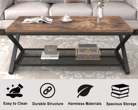 LVB Rustic Coffee Table with Storage, Industrial Wood Metal 2 Tier Center Living Room Table with Mesh Shelf, Farmhouse Wooden Low Rectangle Cocktail Tea Table for Office Bedroom, 47 inch, Rustic Brown LVB