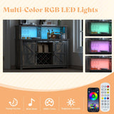 VanAcc Farmhouse Buffet Wine Cabinet with LED Lights, 55" Coffee Bar with 2-Tier Storage, Glass Holders, 8 Wine Racks, Home Liquor Hutch Cabinet with Barn Door, Rustic Black VanAcc