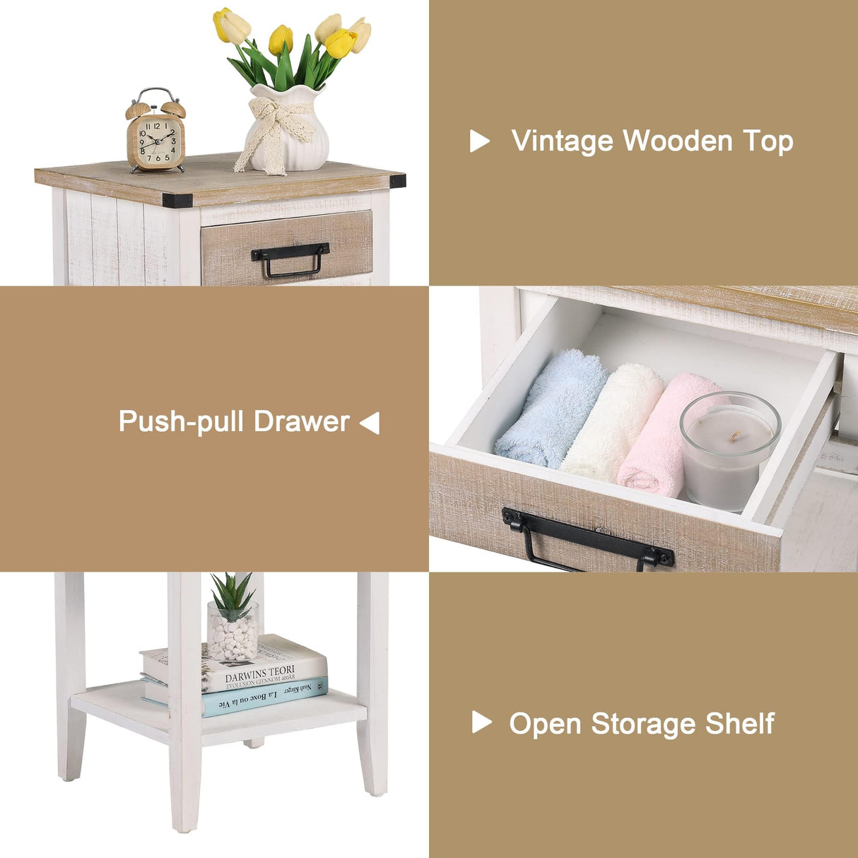 RUSTOWN Farmhouse Bedside Table Set of 2, Rustic Nightstand with Drawers and Open Shelf, Side Table End Tables for Bedroom/Living Room/Lounge (Vintage White) RUSTOWN