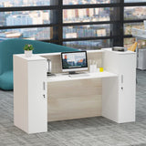Homsee Modern Reception Desk Counter with 2 Lockable Doors & 6 Storage Compartments, Office Wooden Computer Desk with 2 Cabinets & Adjustable Shelves, White and Brown (70.9”L x 23.6”W x 43.3”H) Homsee